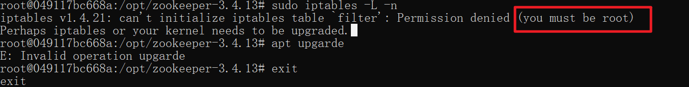 在docker中使用iptables命令时候，提示需要root用户